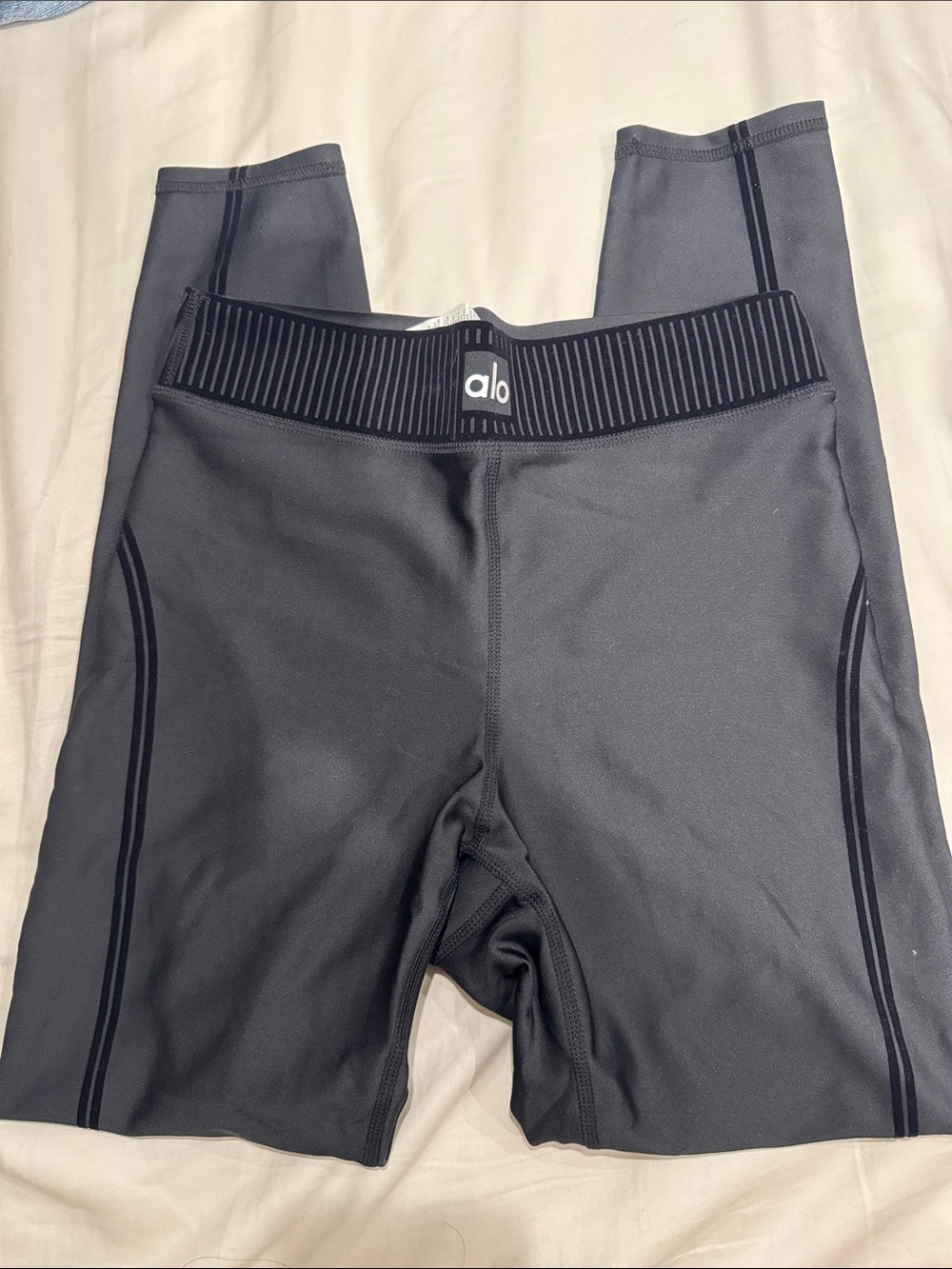 ALO Yoga Kids Dark Gray Performance Leggings with Stripe Waistband